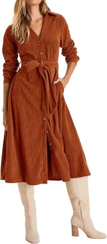 R.Vivimos Womens Fall Winter Corduroy Midi Dress Long Sleeve V Neck Button Down Belted Flowy Shirt Dress with Pockets in Saudi Arabia