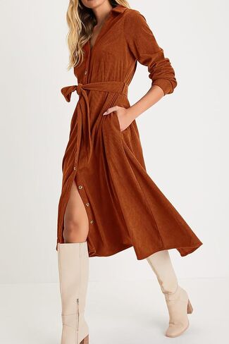 R.Vivimos Womens Fall Winter Corduroy Midi Dress Long Sleeve V Neck Button Down Belted Flowy Shirt Dress with Pockets in Saudi Arabia