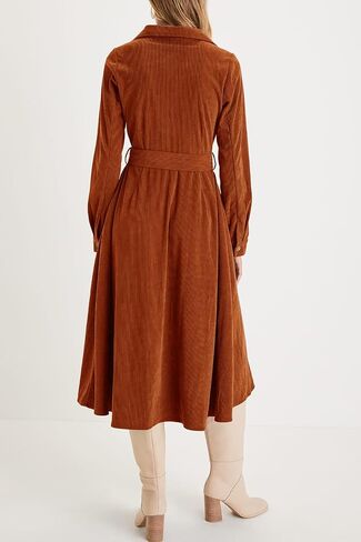 R.Vivimos Womens Fall Winter Corduroy Midi Dress Long Sleeve V Neck Button Down Belted Flowy Shirt Dress with Pockets in Saudi Arabia