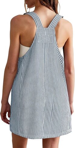 Yousify Womens Casual Striped Denim Dress Summer Pinafore Overalls Romper Adjustable Straps Jumper Dress with Pockets in Kuwait