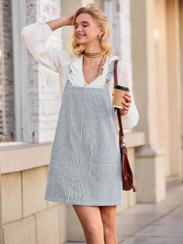 Yousify Womens Casual Striped Denim Dress Summer Pinafore Overalls Romper Adjustable Straps Jumper Dress with Pockets in Kuwait