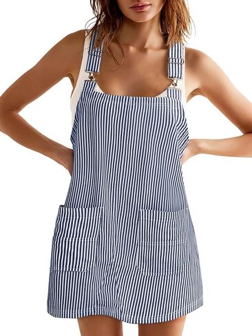 Yousify Womens Casual Striped Denim Dress Summer Pinafore Overalls Romper Adjustable Straps Jumper Dress with Pockets in Kuwait