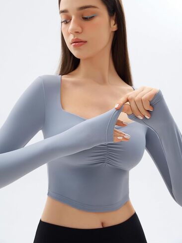 Women's Sweetheart Neck Long Sleeve Workout Tops Slim Fit T Shirts Fall Fashion Outfits Crop Tops Built in Bra in Saudi Arabia