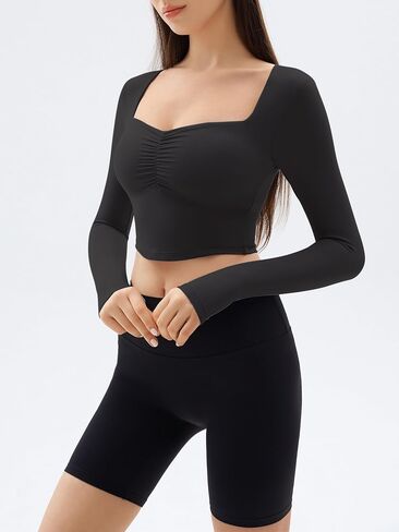 Women's Sweetheart Neck Long Sleeve Workout Tops Slim Fit T Shirts Fall Fashion Outfits Crop Tops Built in Bra in Saudi Arabia