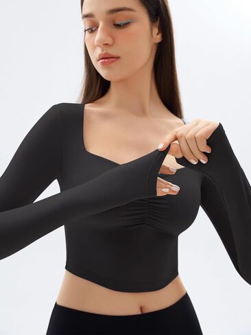 Women's Sweetheart Neck Long Sleeve Workout Tops Slim Fit T Shirts Fall Fashion Outfits Crop Tops Built in Bra in Saudi Arabia