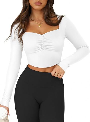 Women's Sweetheart Neck Long Sleeve Workout Tops Slim Fit T Shirts Fall Fashion Outfits Crop Tops Built in Bra in Saudi Arabia