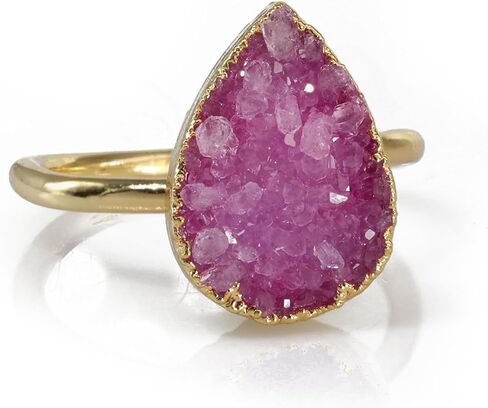 Raw Gemstone Dainty Druzy Pear Ring, Adjustable Rings for Women, Handmade Jewelry Boho Rings in Saudi Arabia
