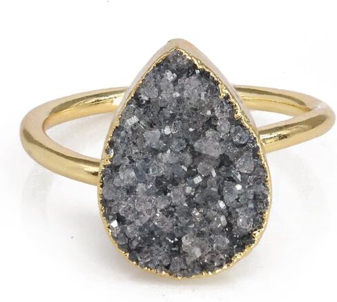 Raw Gemstone Dainty Druzy Pear Ring, Adjustable Rings for Women, Handmade Jewelry Boho Rings in Saudi Arabia