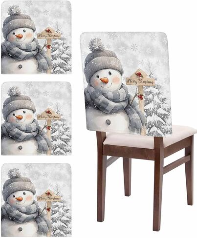 Christmas Chair Covers Set of 4 Snowman Chair Slipcover Protector Removable Washable Stretch Chair Covers Grey Pine Tree Chair Back Covers for Dining Chairs Kitchen Dinner Party Xmas Holiday Decor in Saudi Arabia