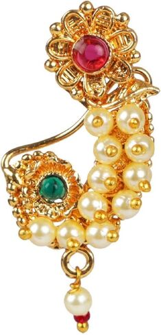 Efulgenz المجوهرات الهندية الأنف الدائري ناث ناثاني الأنف مسمار دبوس وهمية الأنف مسمار خاتم الزفاف مطرز فو اللؤلؤ قطرة كوندان كريستال بوليوود الزفاف الأنف الدائري مسمار غير ثقب المجوهرات للنساء in Kuwait