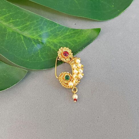 Efulgenz المجوهرات الهندية الأنف الدائري ناث ناثاني الأنف مسمار دبوس وهمية الأنف مسمار خاتم الزفاف مطرز فو اللؤلؤ قطرة كوندان كريستال بوليوود الزفاف الأنف الدائري مسمار غير ثقب المجوهرات للنساء in Kuwait