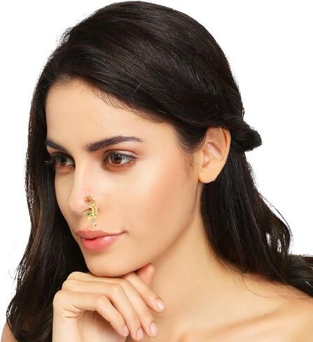 Efulgenz المجوهرات الهندية الأنف الدائري ناث ناثاني الأنف مسمار دبوس وهمية الأنف مسمار خاتم الزفاف مطرز فو اللؤلؤ قطرة كوندان كريستال بوليوود الزفاف الأنف الدائري مسمار غير ثقب المجوهرات للنساء in Kuwait