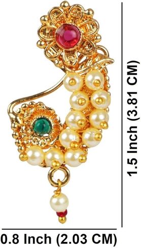 Efulgenz المجوهرات الهندية الأنف الدائري ناث ناثاني الأنف مسمار دبوس وهمية الأنف مسمار خاتم الزفاف مطرز فو اللؤلؤ قطرة كوندان كريستال بوليوود الزفاف الأنف الدائري مسمار غير ثقب المجوهرات للنساء in Kuwait