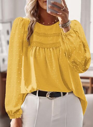 Women's Long Sleeve Tops Casual Crewneck Chiffon Blouses Fall Fashion 2024 Tunic Office Western Clothes in Saudi Arabia