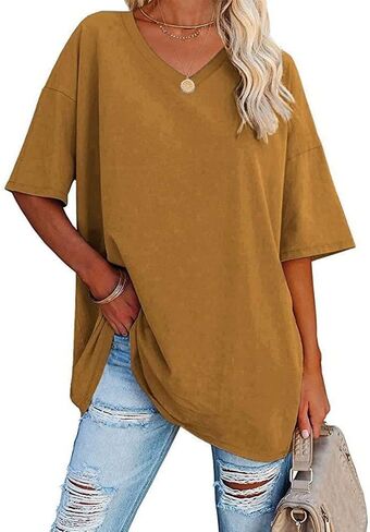 Women's T-Shirts Half Sleeve V Neck Casual Summer Tops Oversized Cotton Basic Loose Fit Tunic Tops in Kuwait