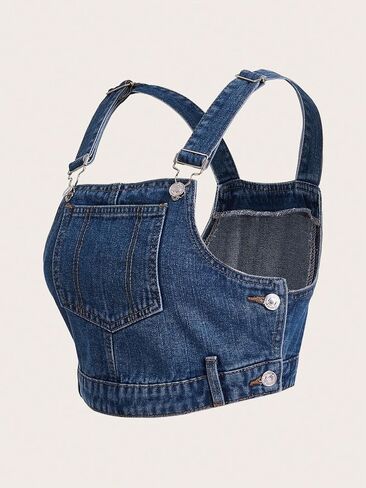 Verdusa Women's Sleeveless Button Fly Adjustable Strap Pocket Denim Tank Crop Top in Saudi Arabia