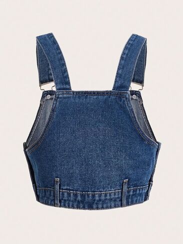 Verdusa Women's Sleeveless Button Fly Adjustable Strap Pocket Denim Tank Crop Top in Saudi Arabia