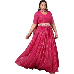 مجموعة Janasya Indian للسيدات مقاس كبير من رقائق جورجيت الوردية المطبوعة والمزينة جاهزة للارتداء مجموعة Lehenga Choli العرقية in Kuwait