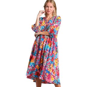 Umgee Floral Print V- Notch Peasant Dress