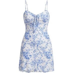 Milumia Women's Floral Print Tie Front Spaghetti Strap Cami Dress V Neck Flare Mini Sun Dresses