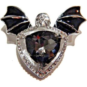 Black & Silvertone Crystal Brooch with Skull & Vampire Bat Wings Lapel pin Halloween Gothic Metal