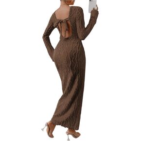 Floerns Women's Solid Long Sleeve Tie Back Lettuce Trim Summer Bodycon Maxi Dress