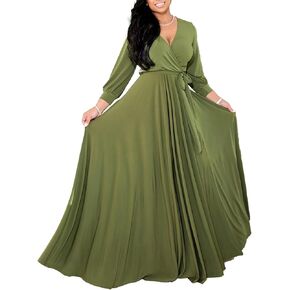 Sexyshine Women's Deep V Neck Long Sleeve Wrapped Maxi Dress High Waist Pleated Belted Party Cocktail Long Dress