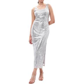 Xintianji Women's Open Back Sequin Dress Sparkly Bodycon Party Club Glitter Split Maxi Dress