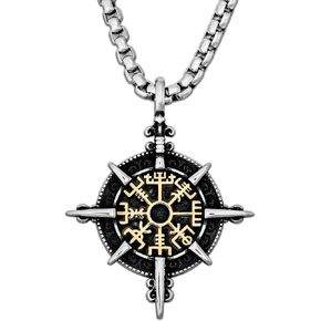 HAQUIL Compass Necklace, Stainless Steel Viking Icelandic Sea Compass Vegvisir Protection Symbol Pendant, Box Chain, Viking Jewelry Gift