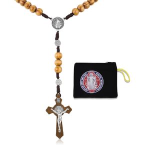 HANRESHE Wooden Beads Rosary Necklace Wooden Crosses Pendant Catholic Rosary Necklace for Men with St.Michael