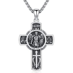 Saint Michael Cross Necklace 925 Sterling Silver Large Archangel St. Michael Medal Pendant,Patron Saint Michael Amulet Jewelry for Men