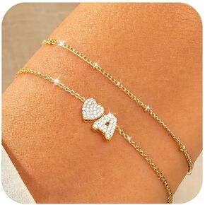 Honsny Dainty Gold Initial Bracelets for Women Trendy 18K Gold Plated A-Z Heart Initial Charm Bracelets Non Tarnish Layered Cute Letter Gold Bracelet Bridesmaid Valentine's Day Jewelry Gifts