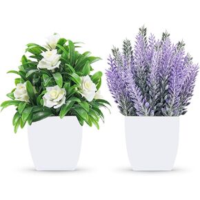 Der Rose 2 Pack Small Fake Plants Faux Plants Indoor with Flowers for Home Bathroom Kitchen Office Desk Decor