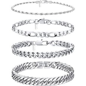 Ritach 4 Pcs Stainless Steel Bracelets for Men Women Cuban Link Bracelet Rope Paperclip Chain Bracelets Set 7.5/8.0/8.5 Inches Mens Metal Bracelets Silver Bracelets