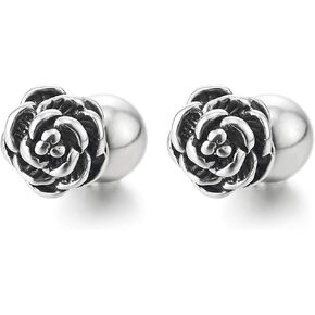 Pair Women Vintage Rose Flower Stud Earrings of Stainless Steel, Screw Back, Unique