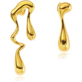 Dainty Irregular Ear Stud,14K Gold Plated Waterdrop Mismatched Earrings for Women,Unique Geometric Melting Liquid Non Tarnish Asymmetrical Earrings,Chic Y2k Statement Jewelry