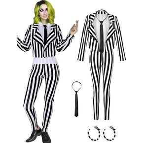 Halloween Cosplay Set Women's Black White Vertical Striped Open Front Adult Suit Costume with Blazer, Pants Full Set