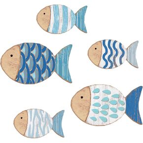 5 Pcs Wood Fish Nautical Wall Decor Beach Art Wall Decor Hanging Wooden Fish Decor Lake House Ocean Decor Vintage Blue Fish Ornaments for Home Bathroom Bedroom
