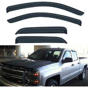 Set of 4 Front+Rear Smoke Sun/Rain Guard Outside Mount Tape-On Acrylic Window Visors Compatible with 14-18 Silverado Sierra 1500 15-18 2500/3500 HD Double/Extended Cab with Half Size Rear Doors