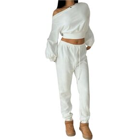 Verdusa Women's 2 Piece Outfit Off The Shoulder Long Sleeve Crop Top and Sweatpants Sweatsuit Set