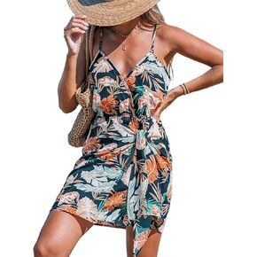 CUPSHE Women's Mini Dress V Neck Tropical Leaf Sleeveless Wrap Belted Short Summer Beach Cover Up Dress