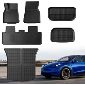 Floor Mats for Tesla Model Y 5-Seat 2021-2023 2022 2024 All Weather Anti-Slip TPE Cargo Liner Floor Mats, Cargo Trunk Mats Accessories, Set of 6 Mats (Not Fit 7-Seat)