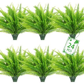 Uieke 24 PCS Artificial Ferns for Outdoors, Fake Boston Fern Plants Greenery Outdoor UV Resistant Bushes Plastic Plants Shrubs for Window Box Front Porch Garden Decor