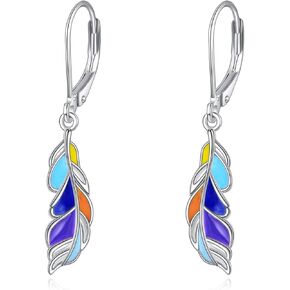 925 Sterling Silver Feather Earrings for Women Leverback Dangle Colorful Fun Earring Jewellery Birthday Gifts for Her