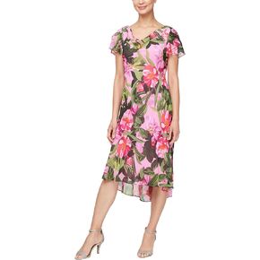 S.L. Fashions Women's Flutter Sleeve Cowl Neck Midi Dress with Shoulder Embellishment (Petite and Regular Sizes)