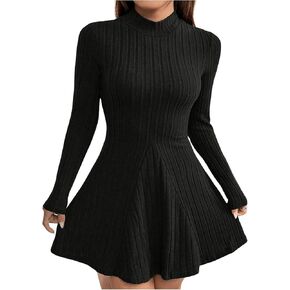 Women's Plus Size Ribbed Knit Dress Mock Neck Long Sleeve Mini A Line Sweater Dresses