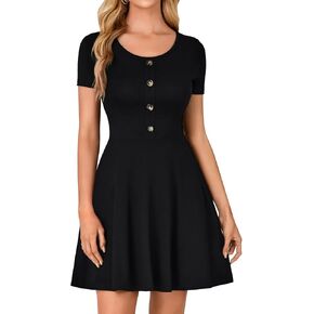 OPOIPIN Women's Scoop Neck Button Front Short Sleeve Flare Hem A Line Mini Short Dress