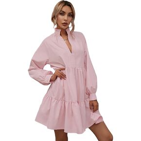 Floerns Women's Casual High Waist Notch Neck Long Sleeve Rufle Hem Smock Dress