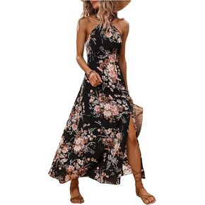Floerns Women's Floral Print Sleeveless Slit Hem Halter Neck A Line Long Dress
