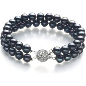 Henrike Black 6-7mm Double Strand AA Quality Freshwater 925 Sterling Silver Cultured Pearl Bracelet